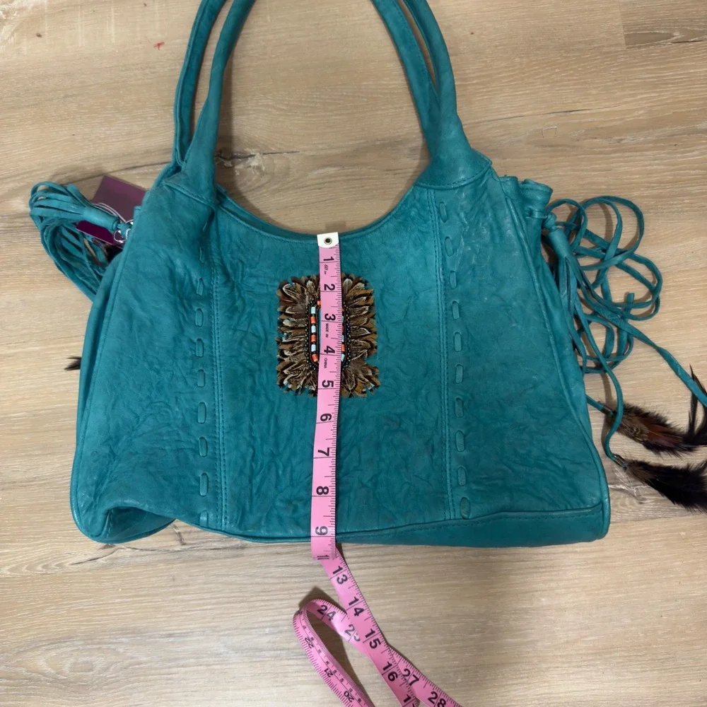 Viva of California Teal Leather Boho Fringe Feather Tote Bag Handcrafted USA NWT